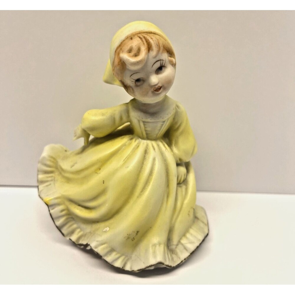 Vintage Girl Figurine in Flowing Yellow Dress and Bonnet, E3305, Mid Century-VG